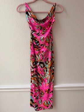 Pink Tropical Print Bodycon Dress Open Back Cowl Neck Y2K Party Resortwear M
